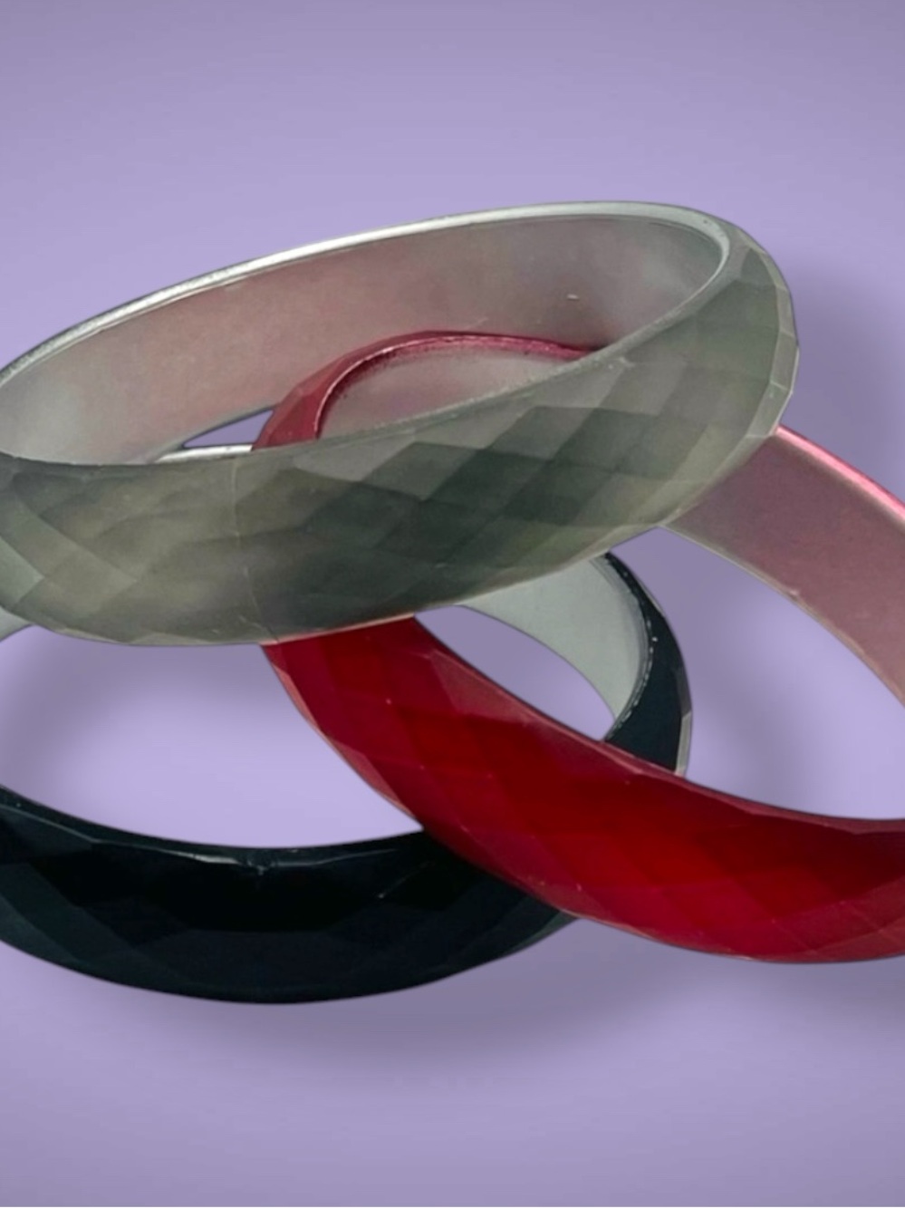 Versatile Set of Three Faceted Plastic Bangle Bracelets Gray Red Black